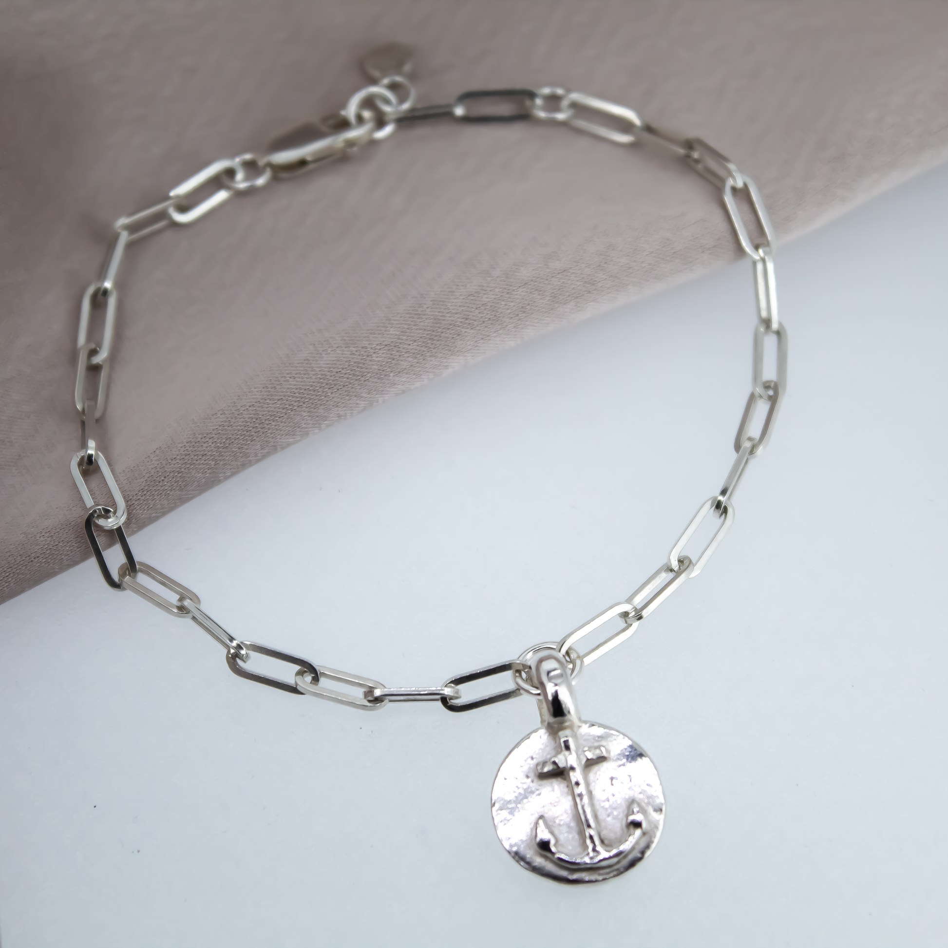 Sterling Silver Anchor Disc Trace Chain Bracelet