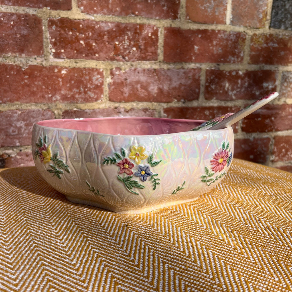 Floral salad bowl, with serving utensils