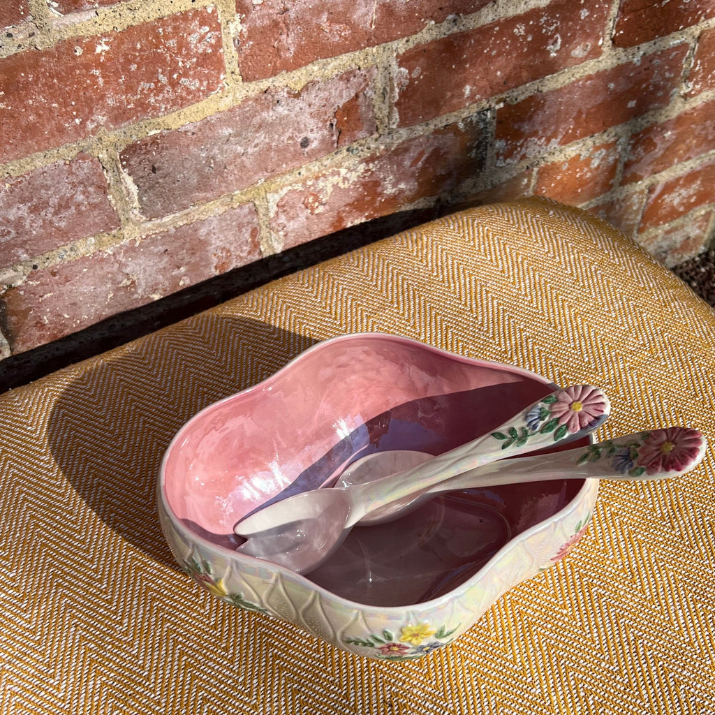 Floral salad bowl, with serving utensils