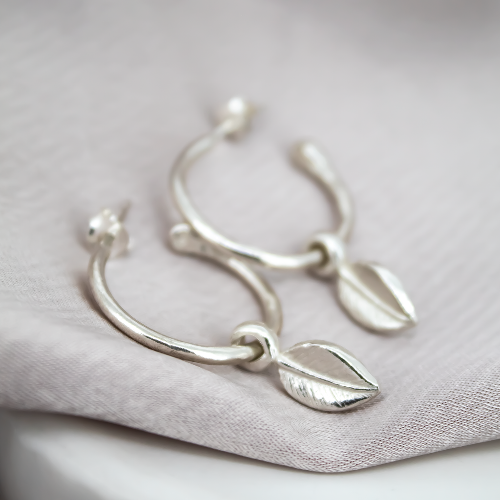 Leaf Charm Sterling Silver Hoops
