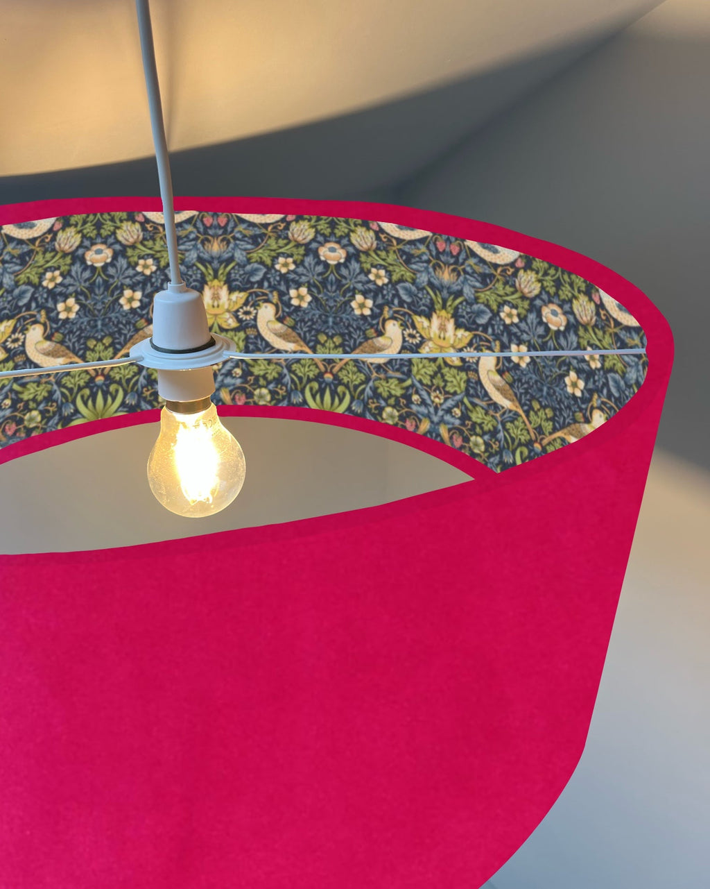 Cerise pink velvet drum lampshade/ ceiling light shade with navy strawberry thief cotton interior