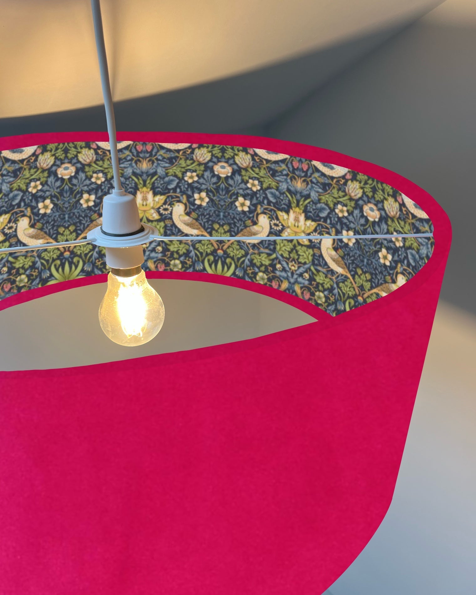 Cerise pink velvet drum lampshade/ ceiling light shade with navy strawberry thief cotton interior