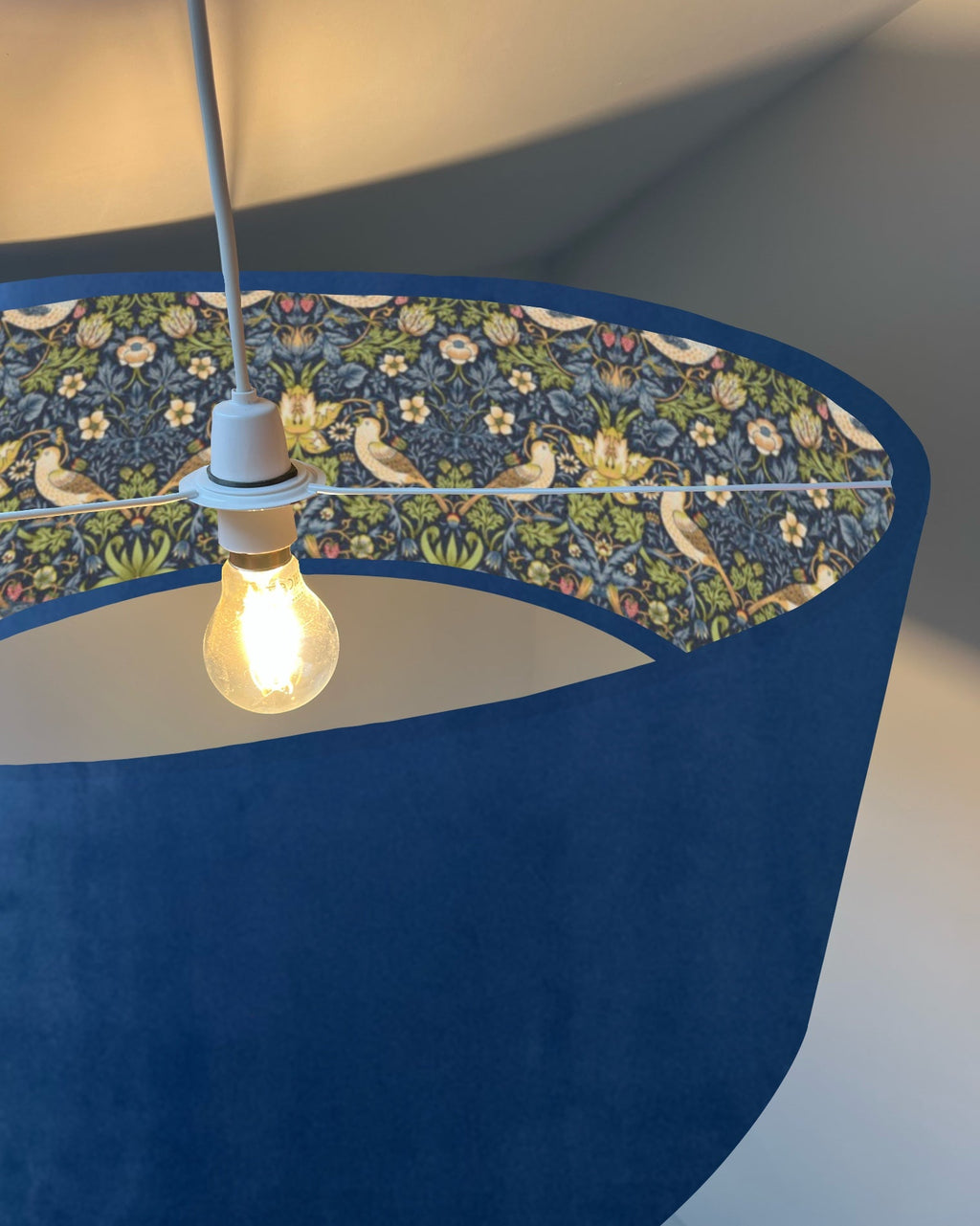 Navy velvet drum lampshade, double sided lampshade, with strawberry thief navy cotton interior
