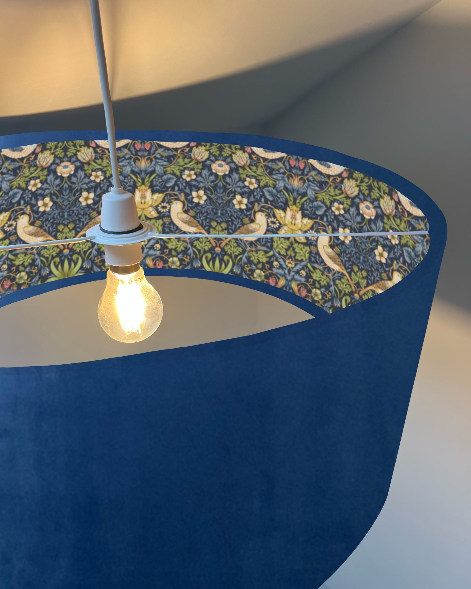 Navy velvet drum lampshade, double sided lampshade, with strawberry thief navy cotton interior