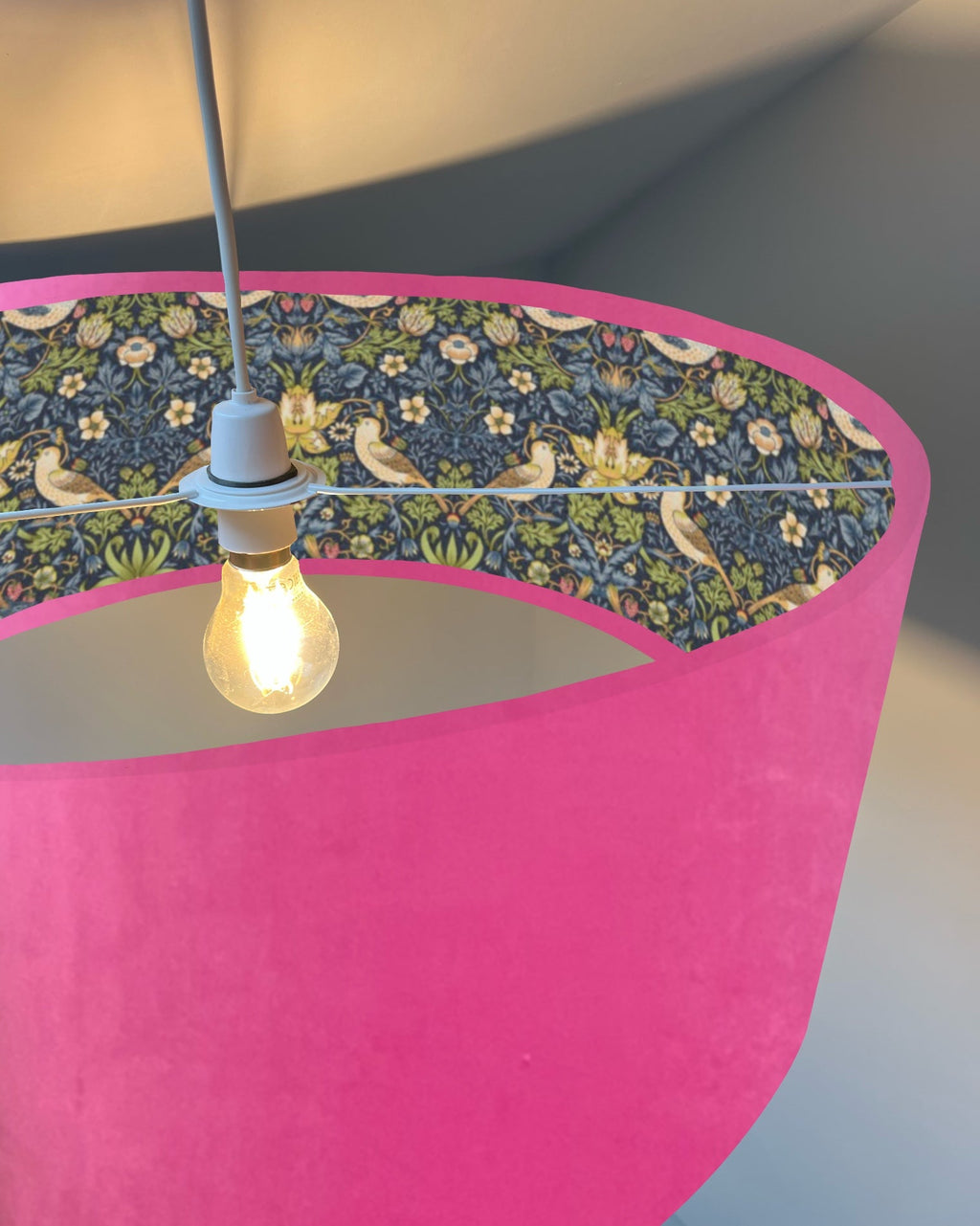 Hot Pink velvet drum lampshade/ ceiling light shade with navy strawberry thief cotton interior