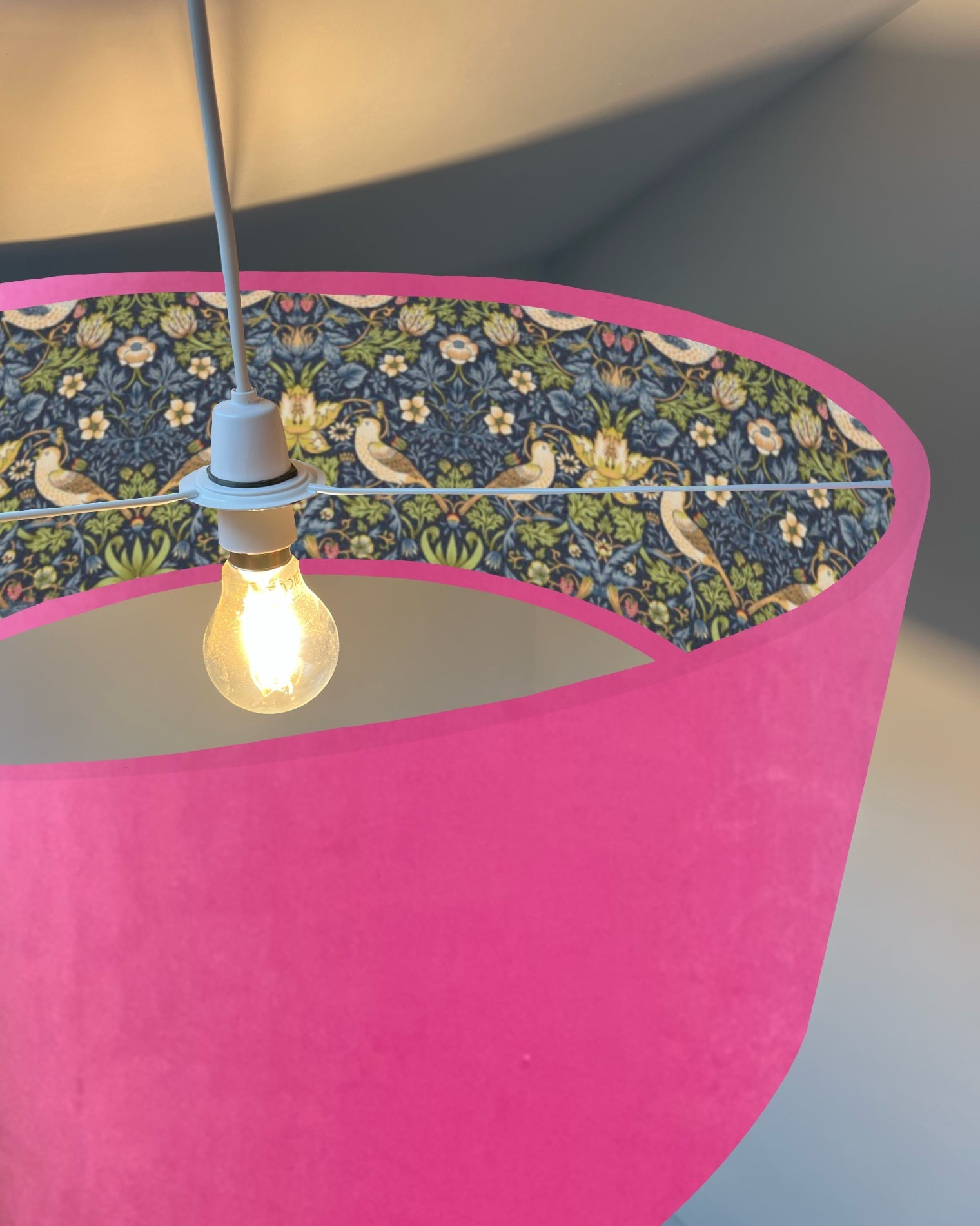 Hot Pink velvet drum lampshade/ ceiling light shade with navy strawberry thief cotton interior
