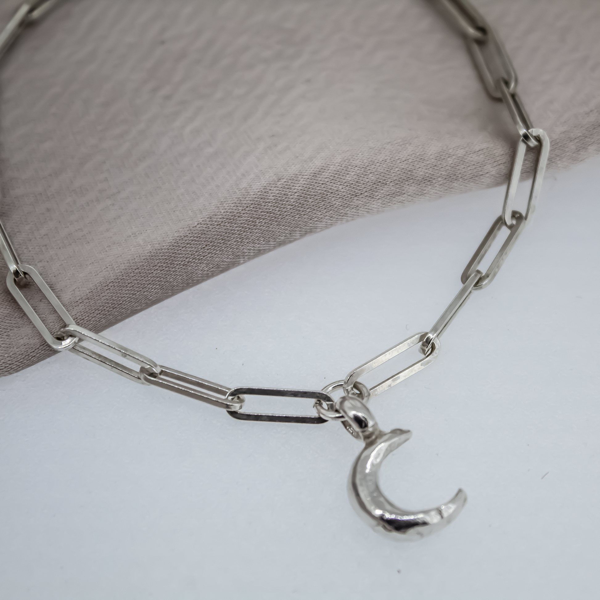 Crescent Moon Trace Chain Bracelet in Sterling Silver