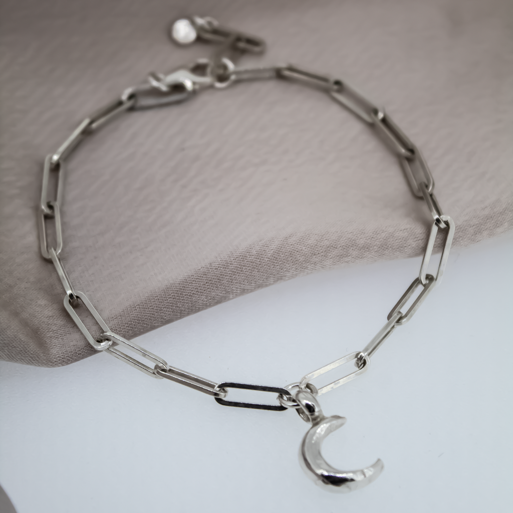 Crescent Moon Trace Chain Bracelet in Sterling Silver
