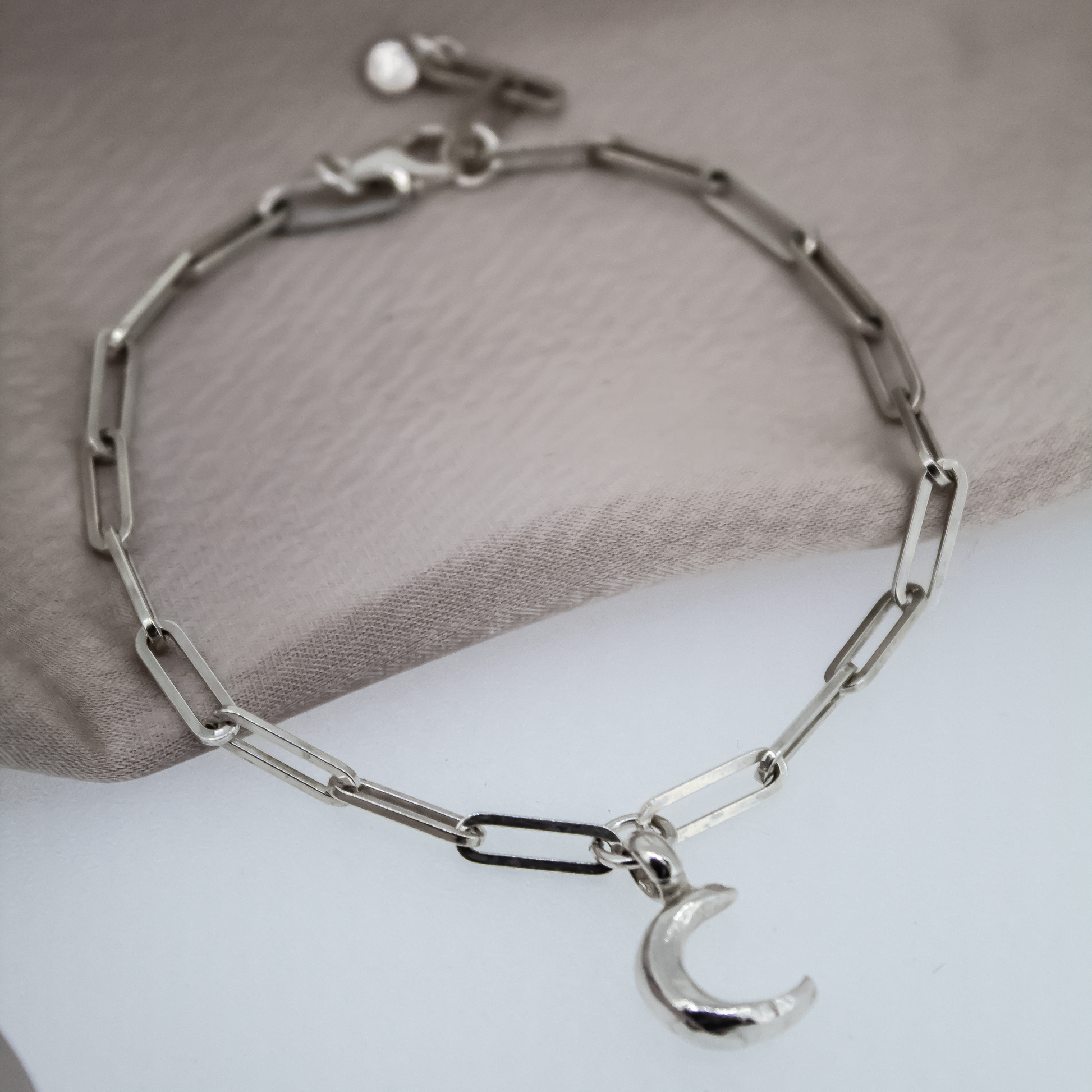 Crescent Moon Trace Chain Bracelet in Sterling Silver