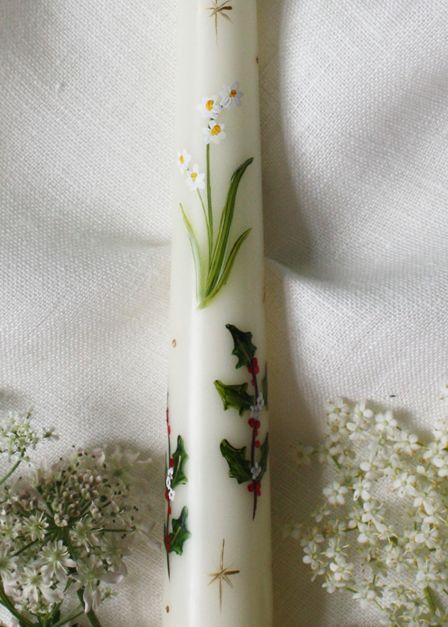 Birth Flower December Narcissus and Holly Hand Painted Candle