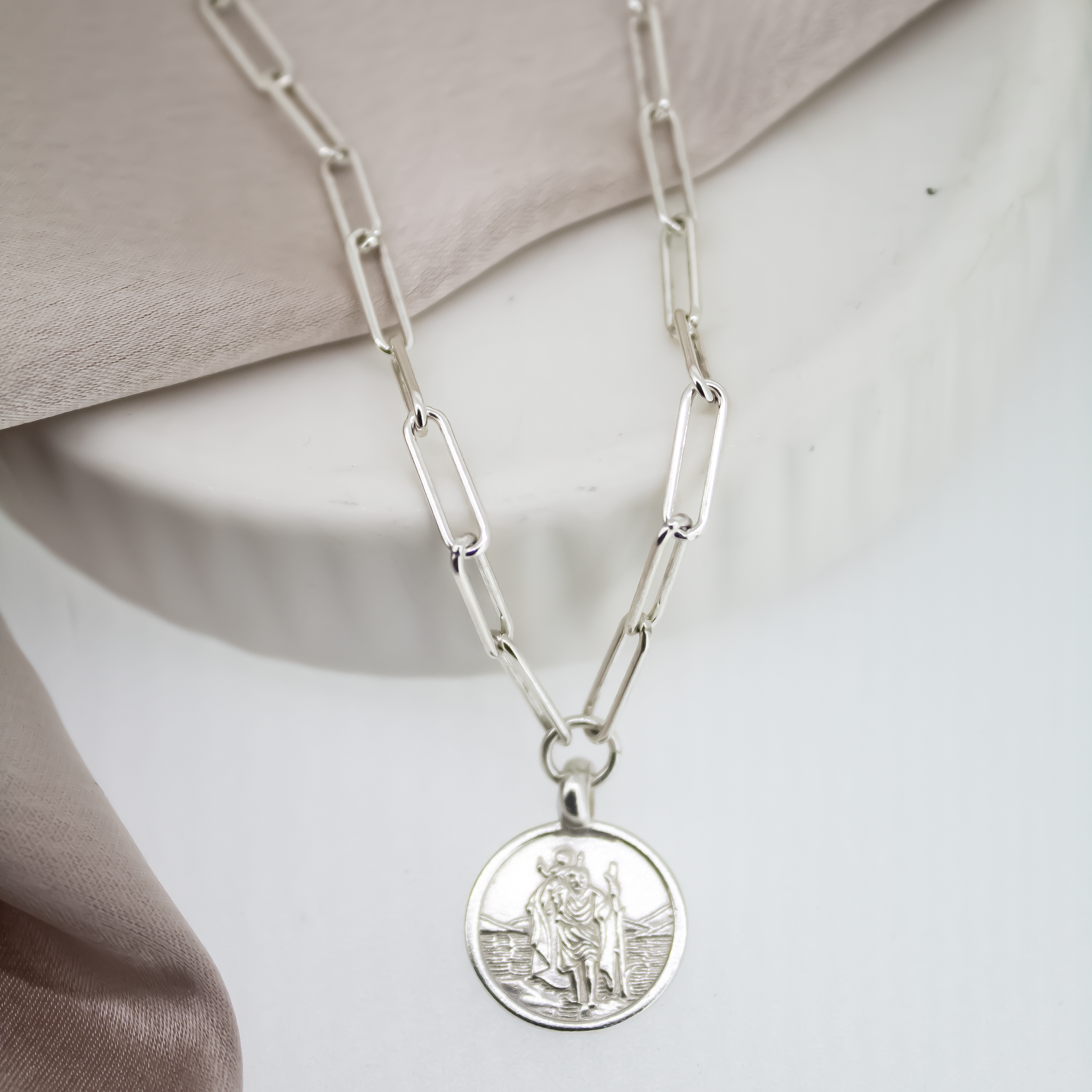 St Christopher Trace Chain Necklace in Sterling Silver