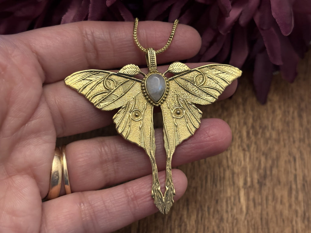 Gold and Silver Luna Moth Necklace with Labradorite and Moonstone