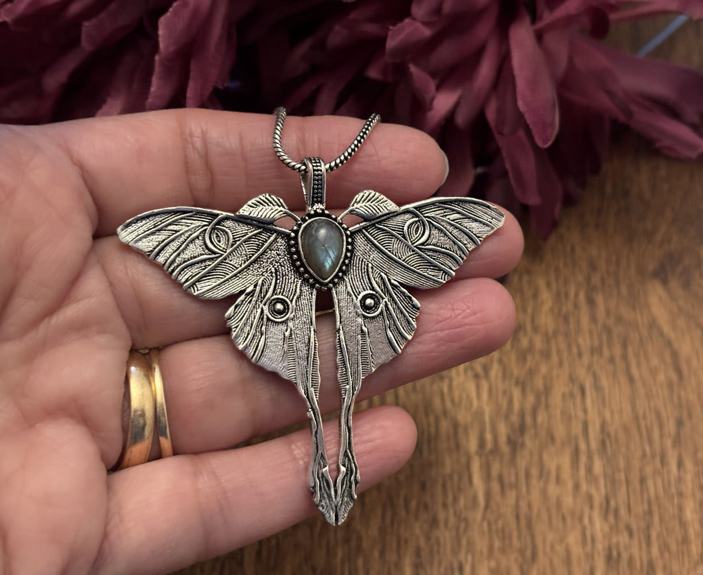 Gold and Silver Luna Moth Necklace with Labradorite and Moonstone