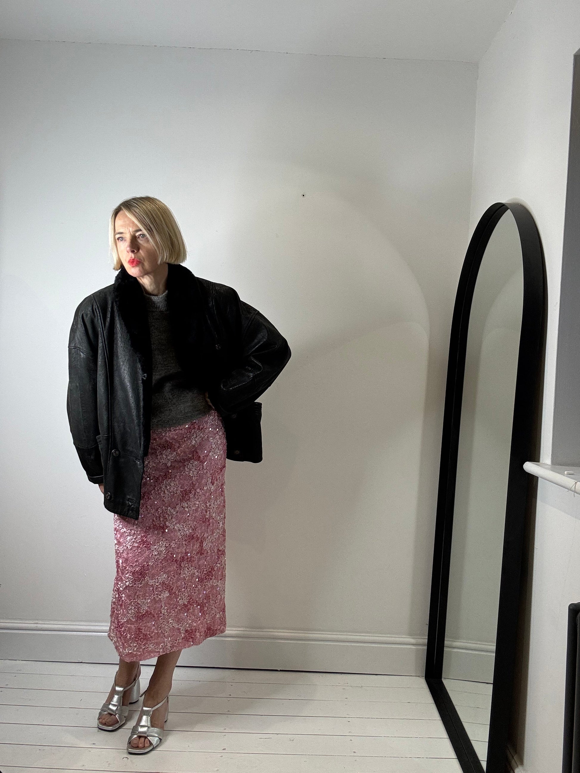 Pink Sequin and Applique Pencil Skirt