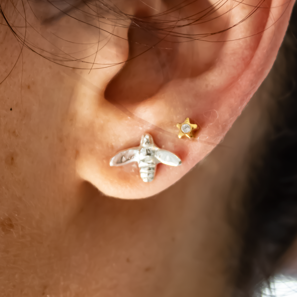 Handmade Honey Bee Studs in Sterling Silver