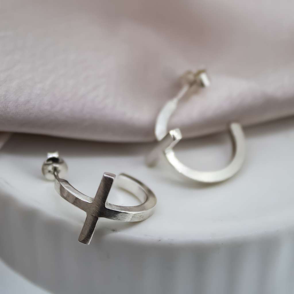 Cross Hoop Earrings in Sterling Silver