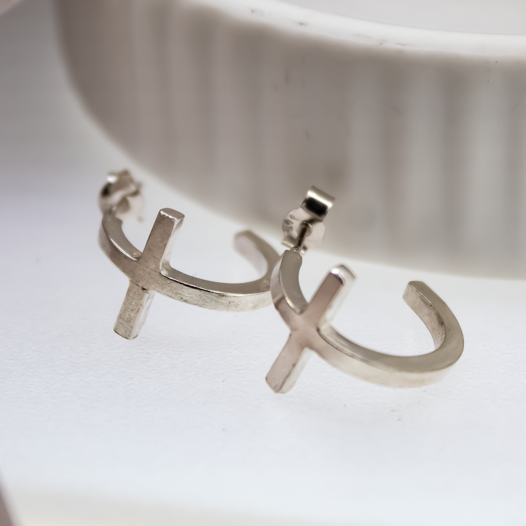 Cross Hoop Earrings in Sterling Silver