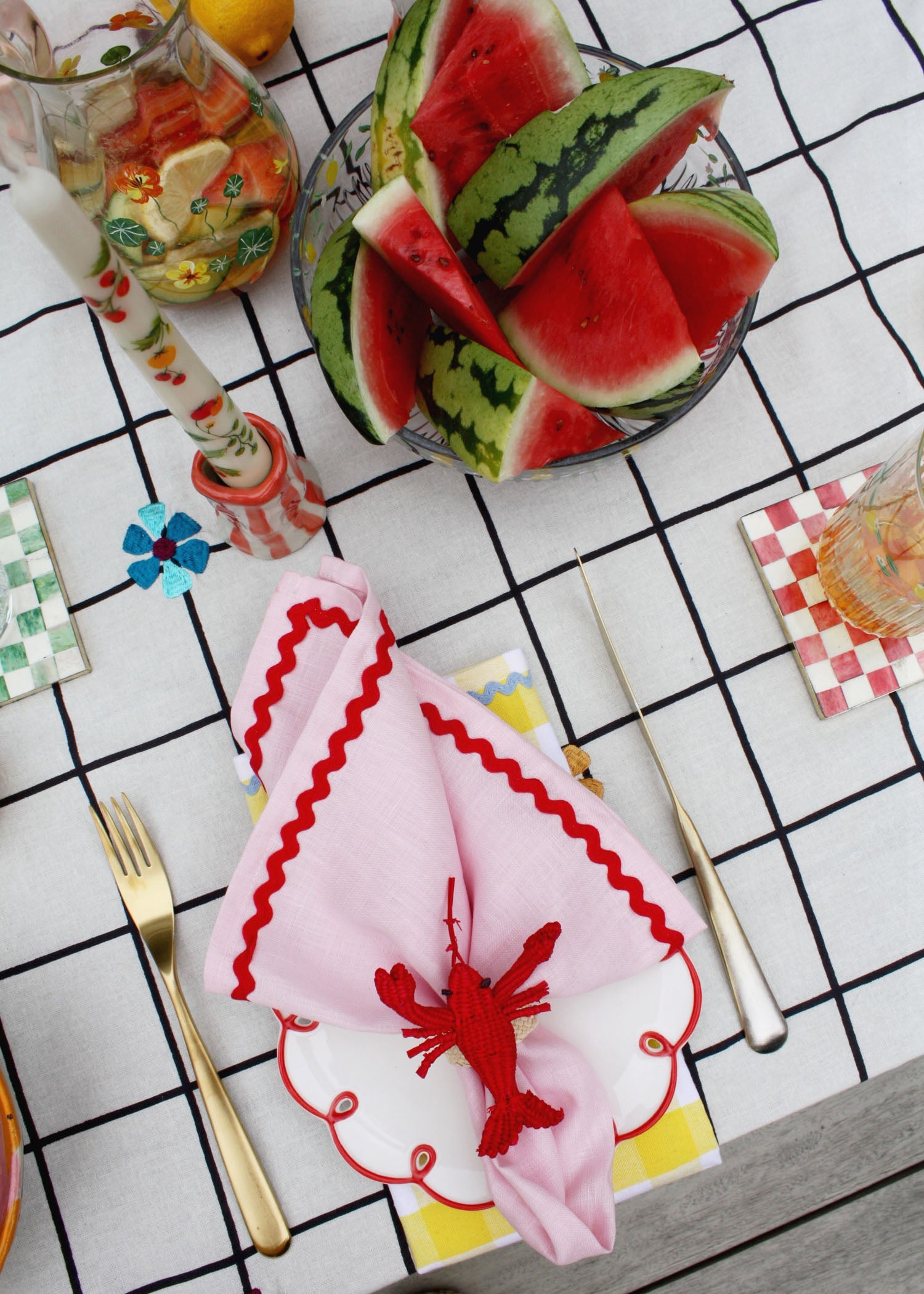 Pink and Red Ricrac Linen Napkins, Set of 2