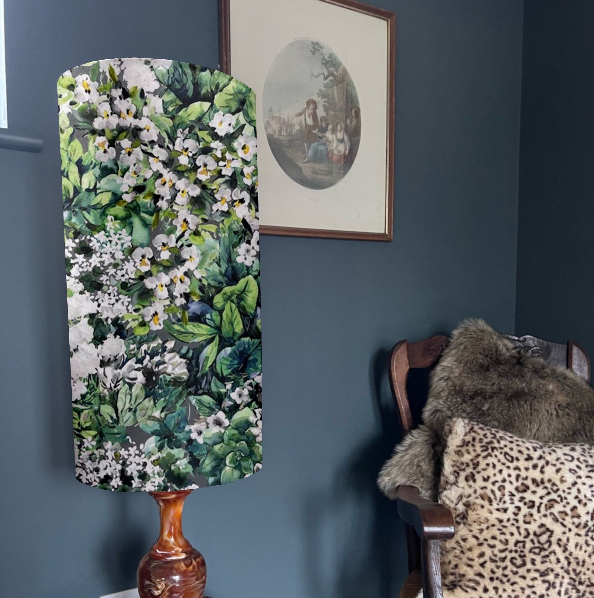 White flowers velvet cylinder lampshade, extra tall lampshade
