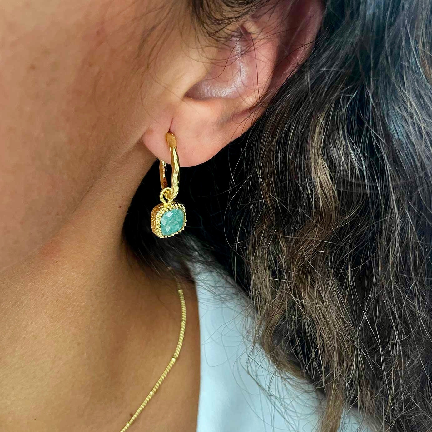 Square Amazonite Gemstone Charm Hoops in Gold