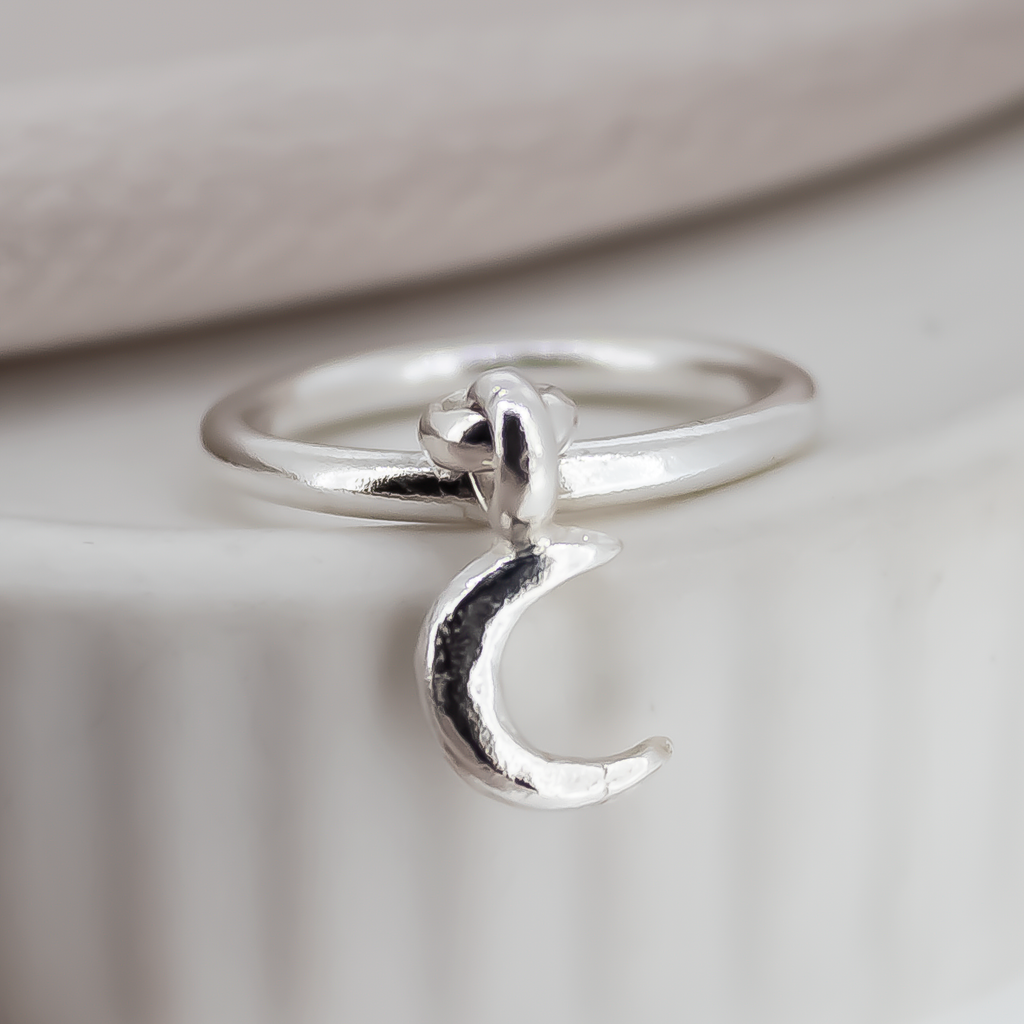 Crescent Moon Dangle Ring in Sterling Silver