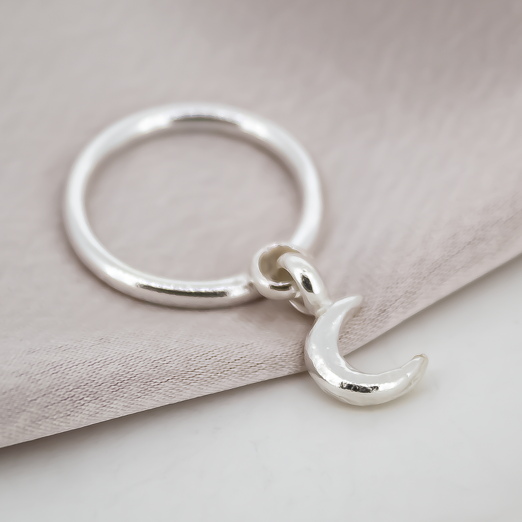 Crescent Moon Dangle Ring in Sterling Silver