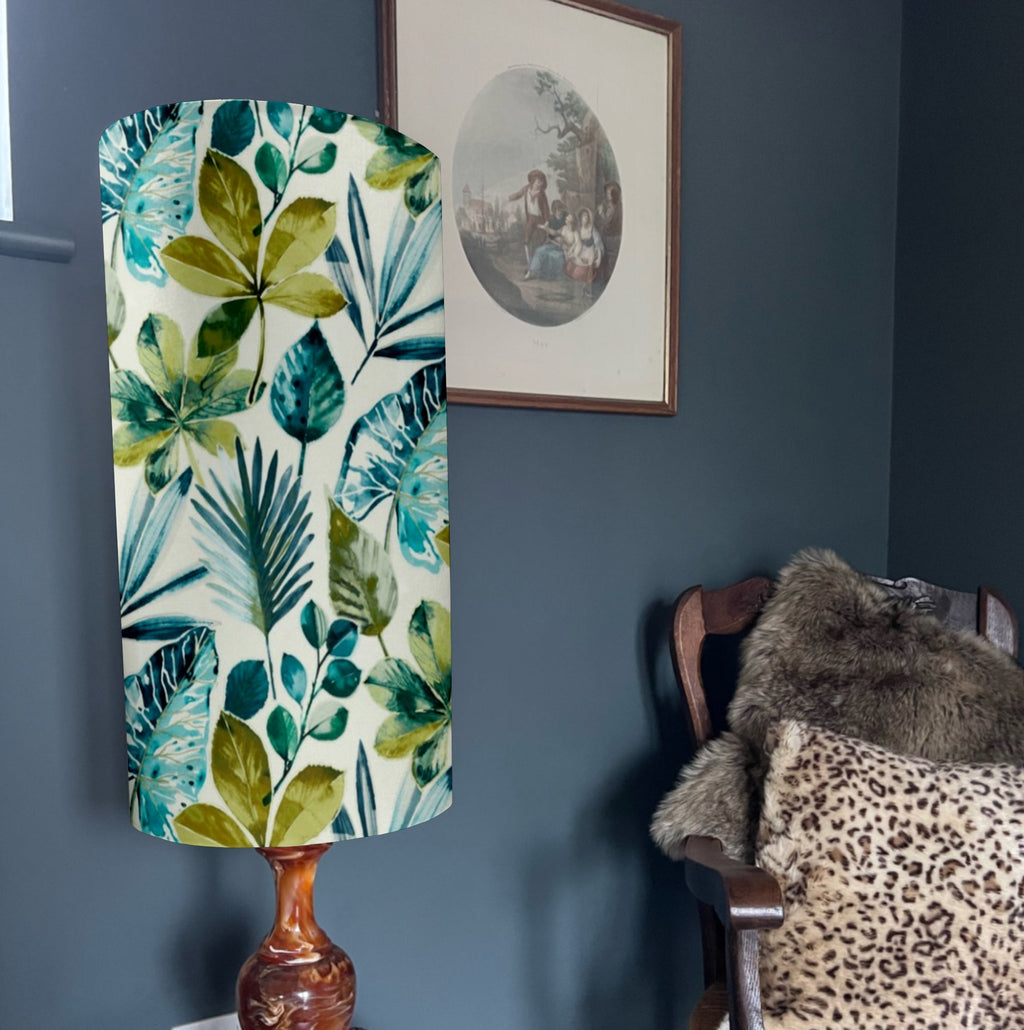 Rainforest Velvet cylinder lampshade, in blue and green, extra tall lampshade