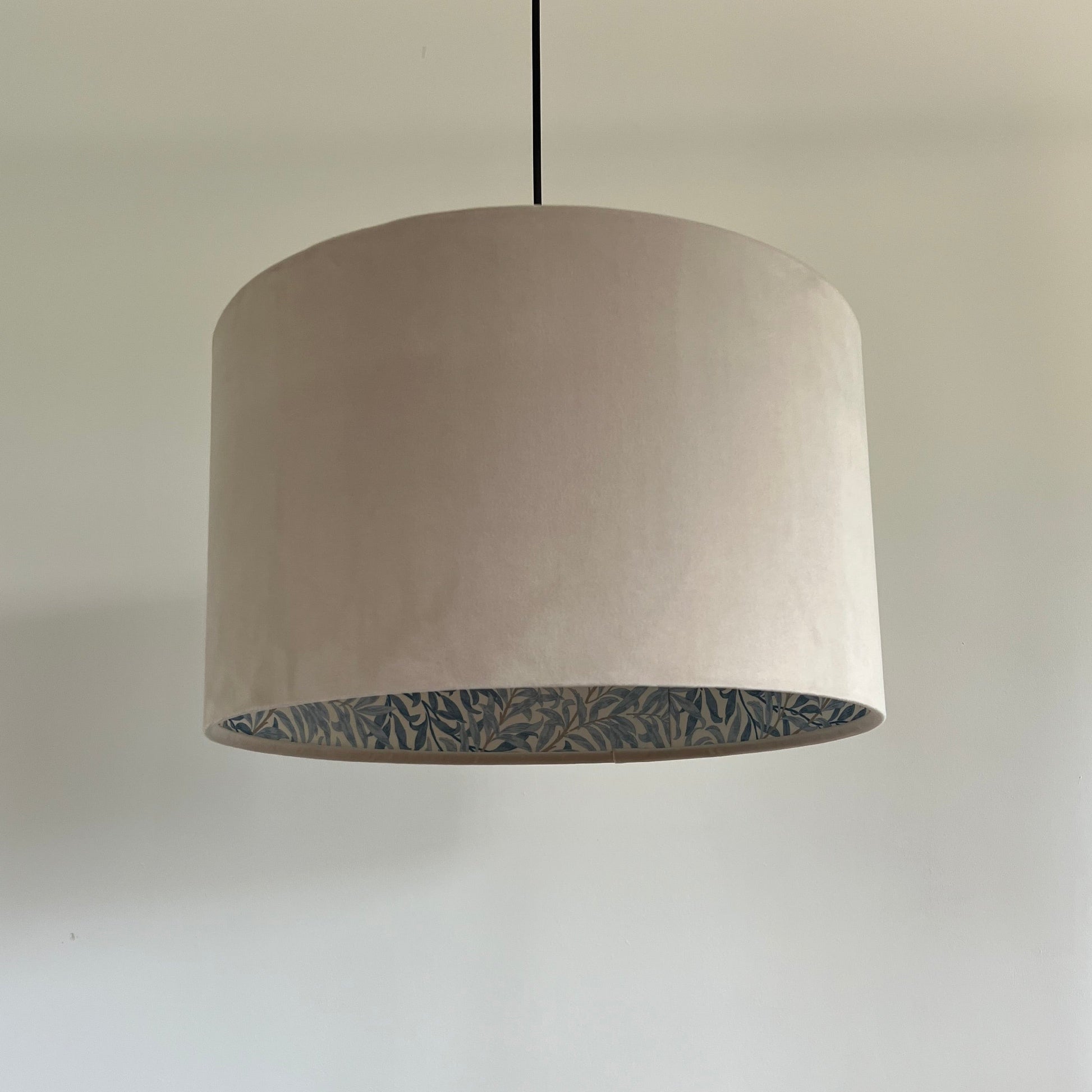 Cream velvet drum lampshade, double sided lampshade, with William Morris blue leaves cotton interior