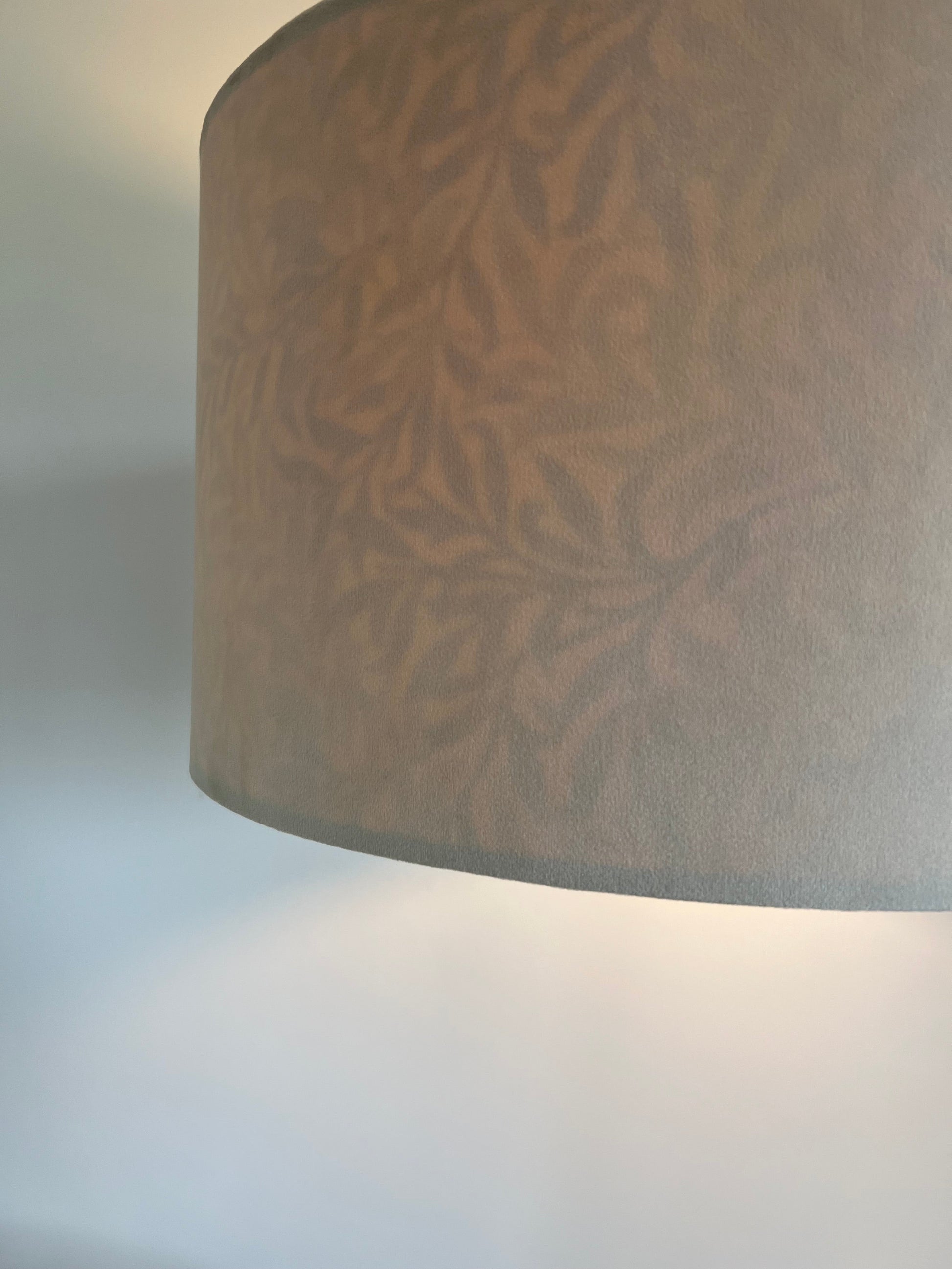 Cream velvet drum lampshade, double sided lampshade, with William Morris blue leaves cotton interior