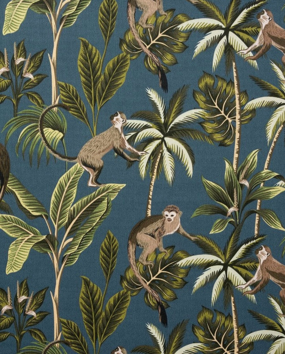 Jungle monkey teal cotton cylinder lampshade, extra tall lampshade