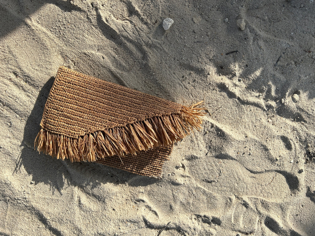 Caramel Raffia Pouch with Fringe