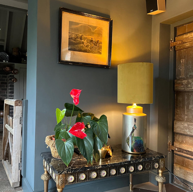 Mustard velvet drum lampshade/ ceiling shade with a white lining