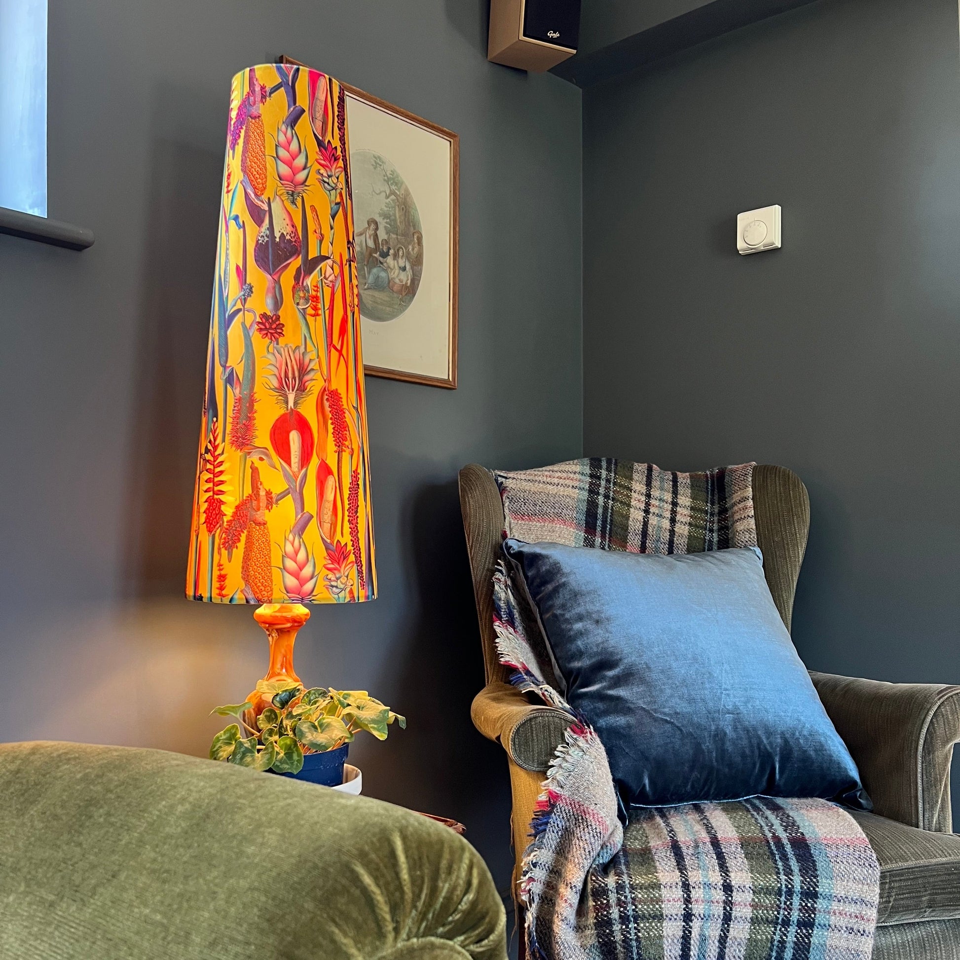 Botanical mustard velvet cone lampshade, extra tall lampshade