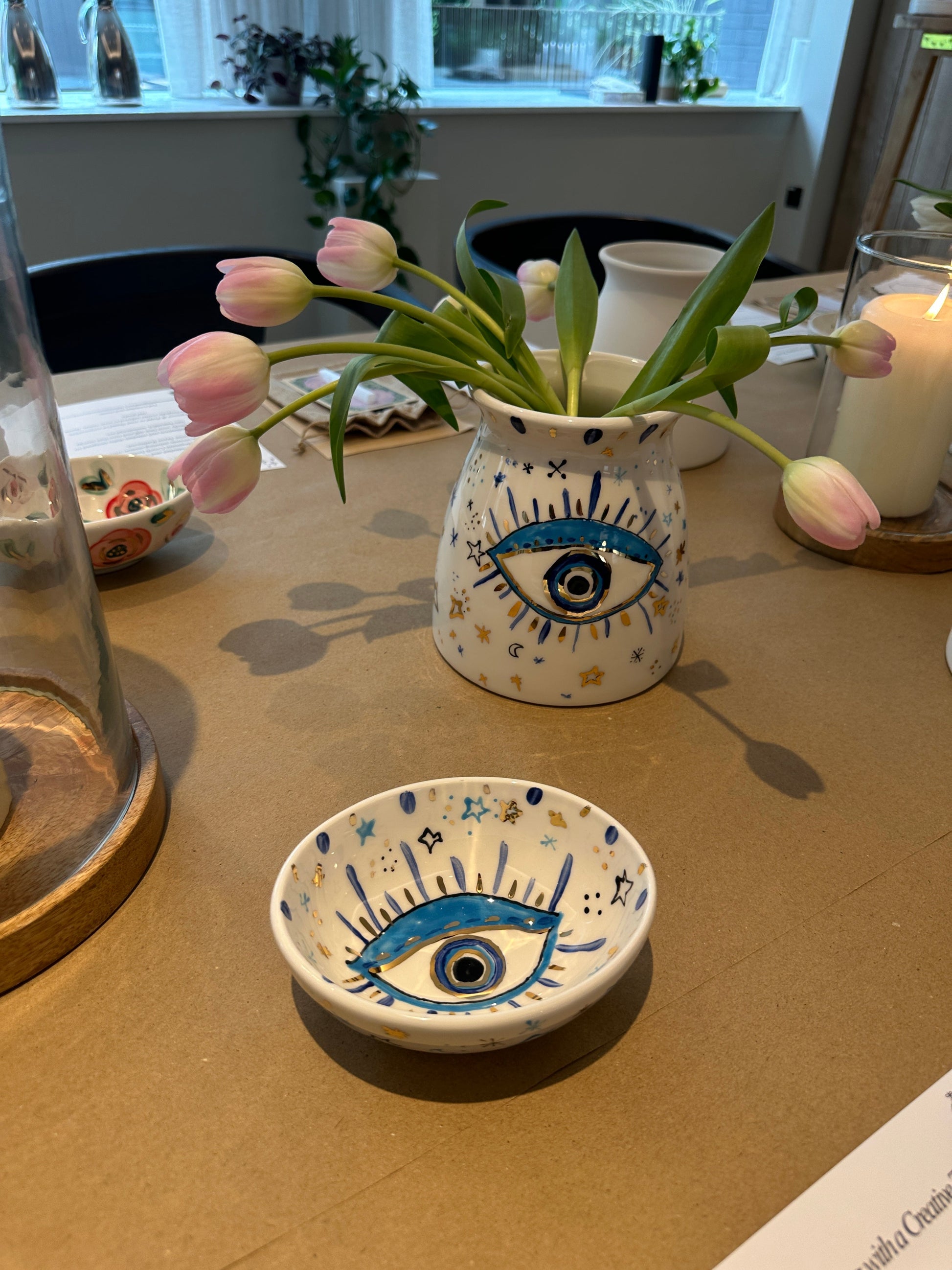 Evil Eye Ceramic Vase with Gold Finish