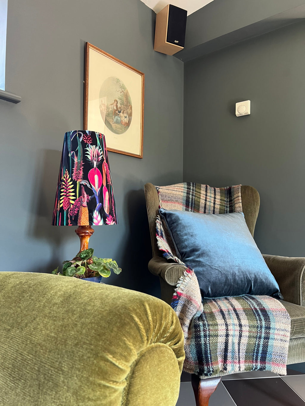 Botanical black velvet cone lampshade, extra tall lampshade