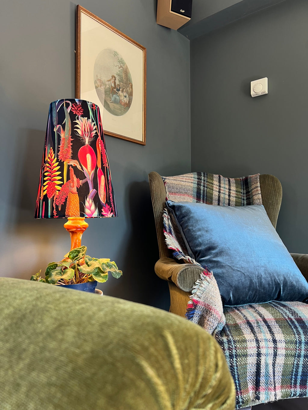 Botanical black velvet cone lampshade, extra tall lampshade