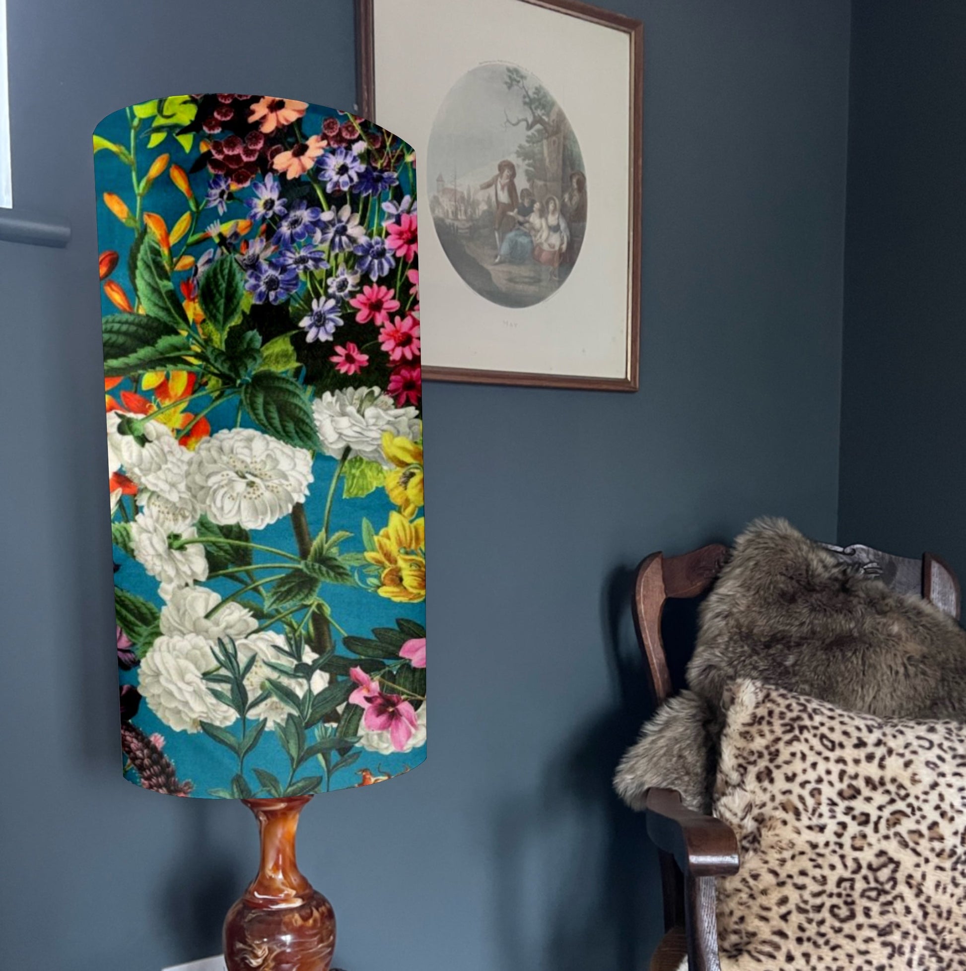 Teal flowers velvet cylinder lampshade, extra tall lampshade