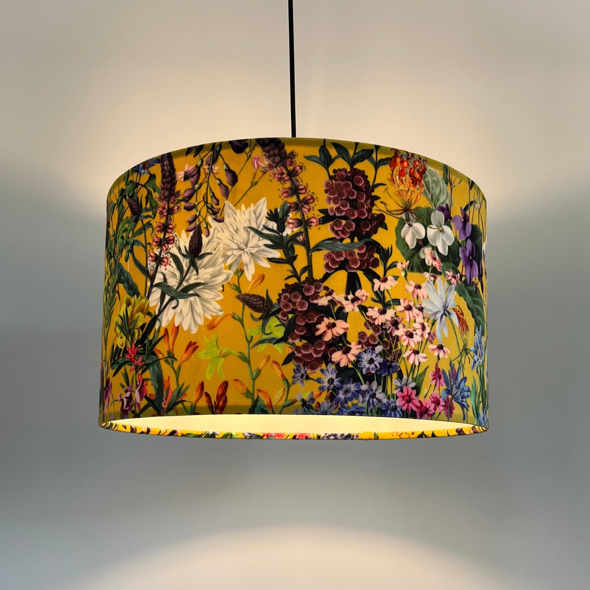 Mustard flowers velvet drum lampshade / ceiling shade with a white lining
