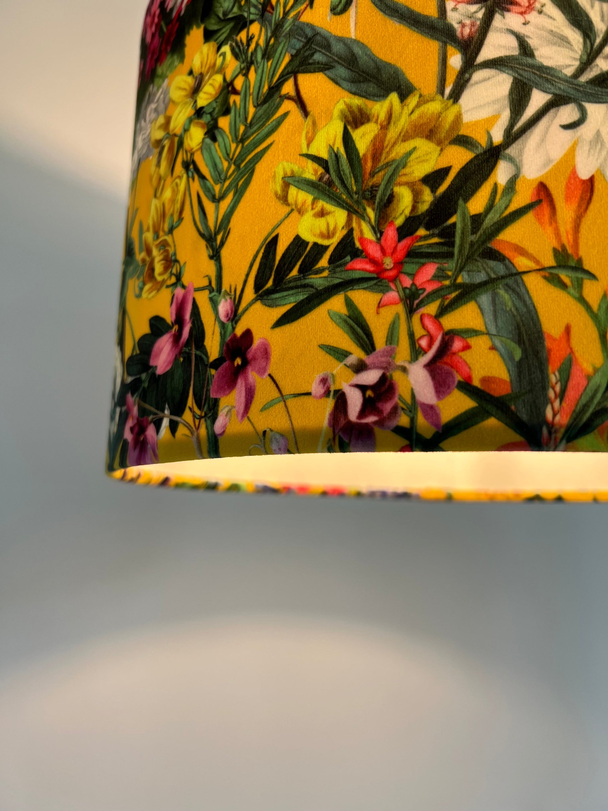 Mustard flowers velvet drum lampshade / ceiling shade with a white lining