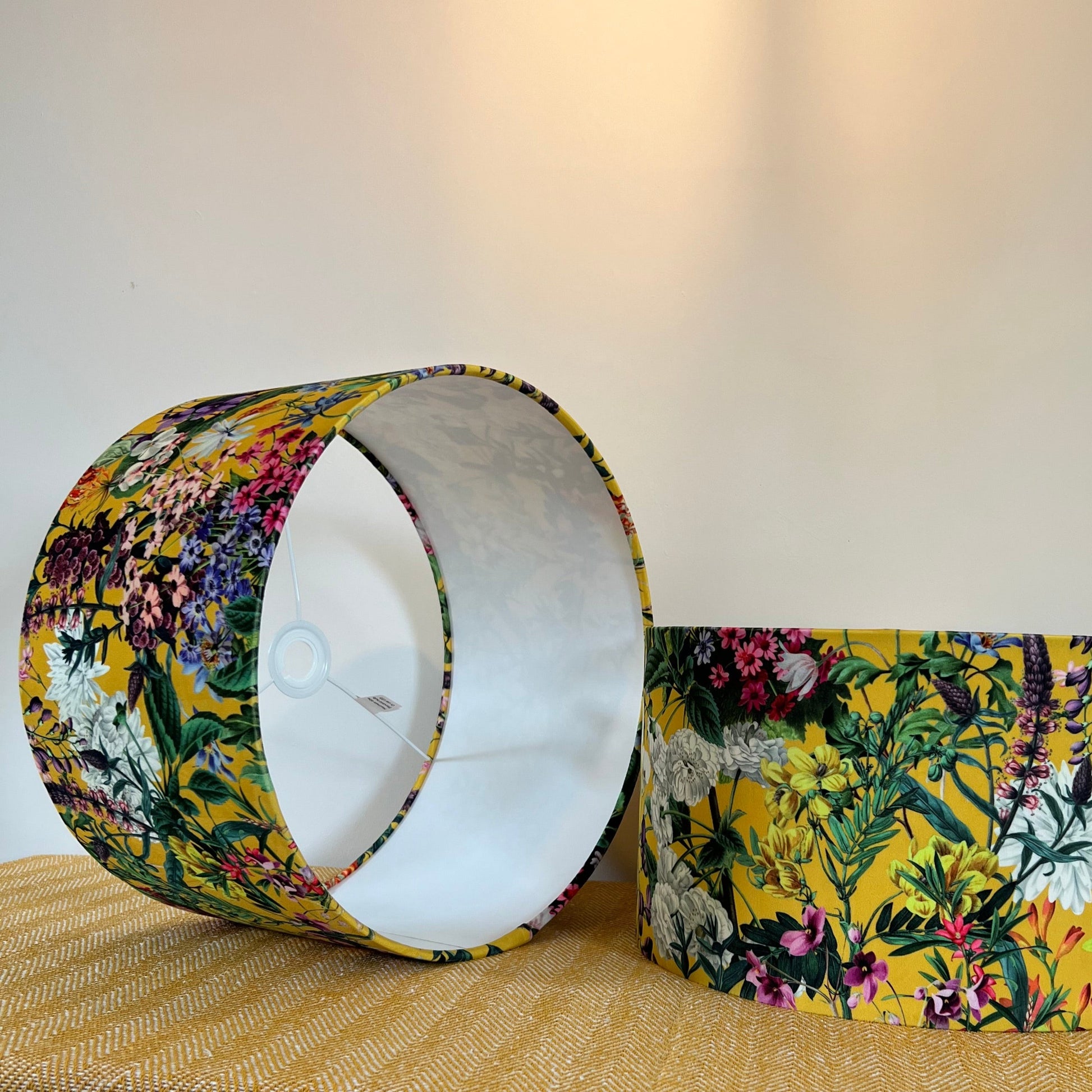 Mustard flowers velvet drum lampshade / ceiling shade with a white lining