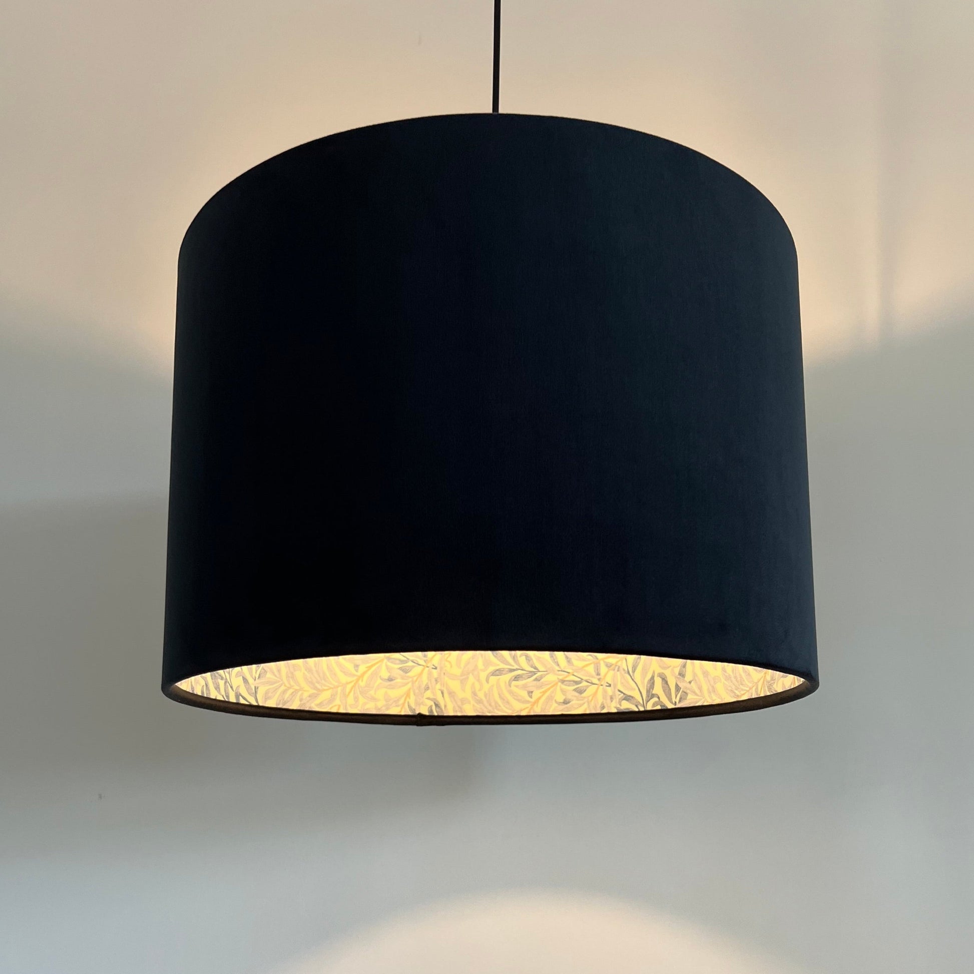 Black velvet drum lampshade, double sided lampshade, with William morris blue leaves cotton interior
