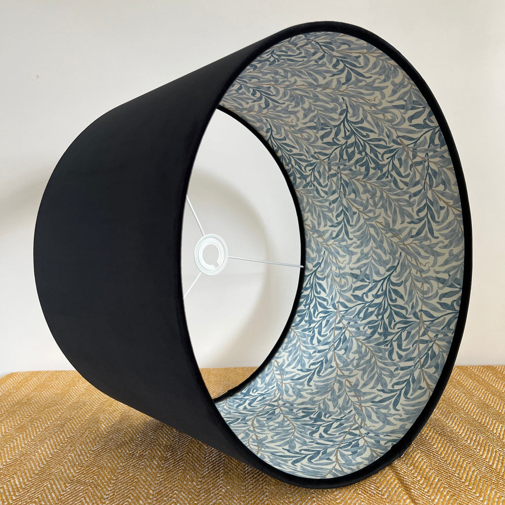 Black velvet drum lampshade, double sided lampshade, with William morris blue leaves cotton interior