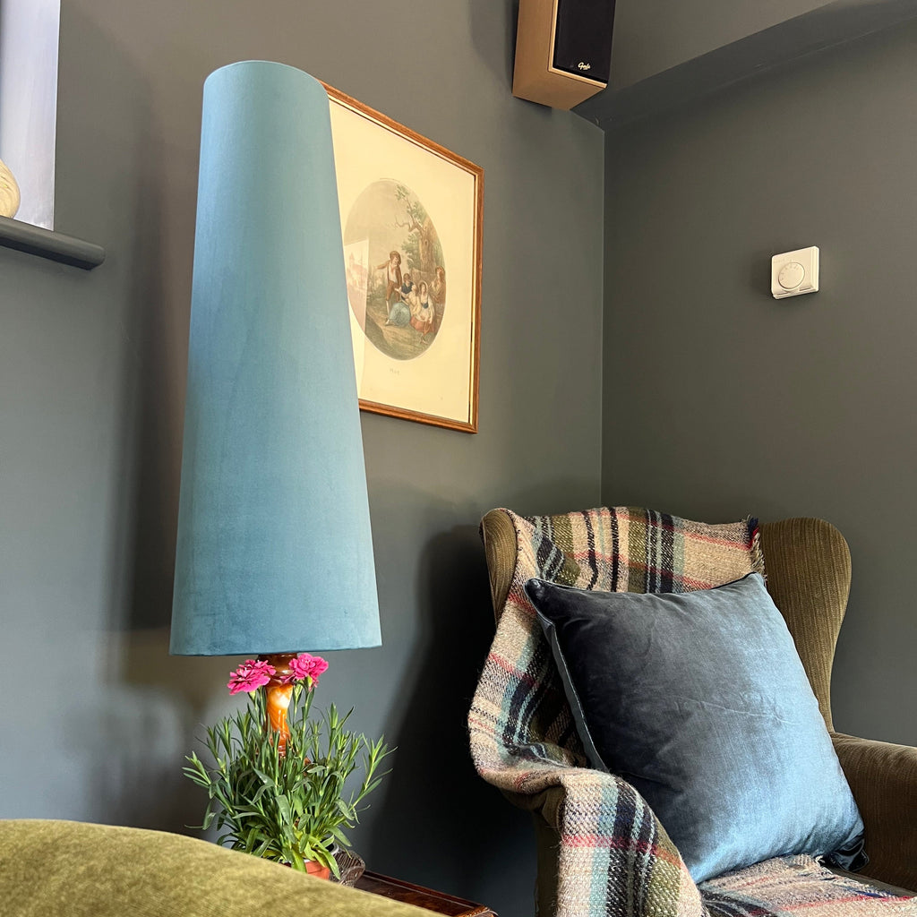 Teal blue Velvet cone lampshade, extra tall lampshade