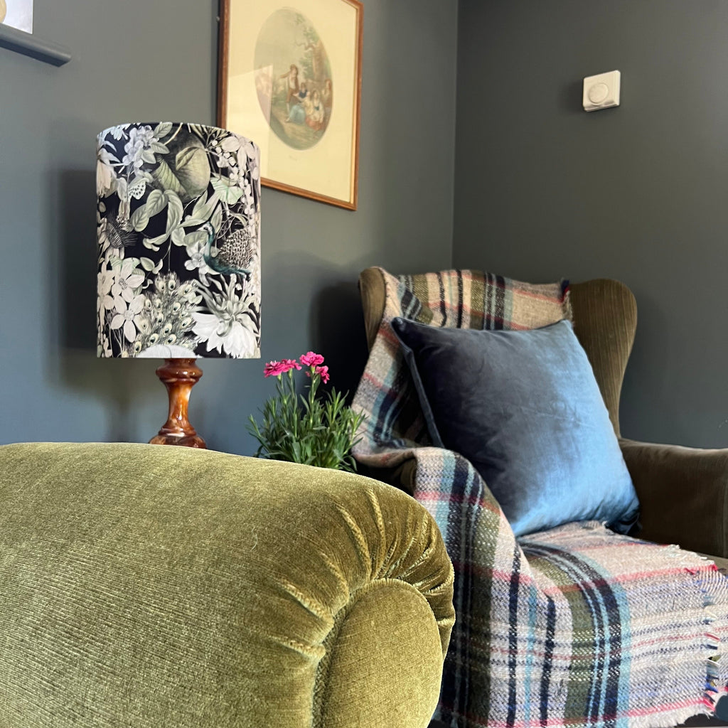 Peacock butterfly velvet in black, drum lampshade/ ceiling shade, with a white lining