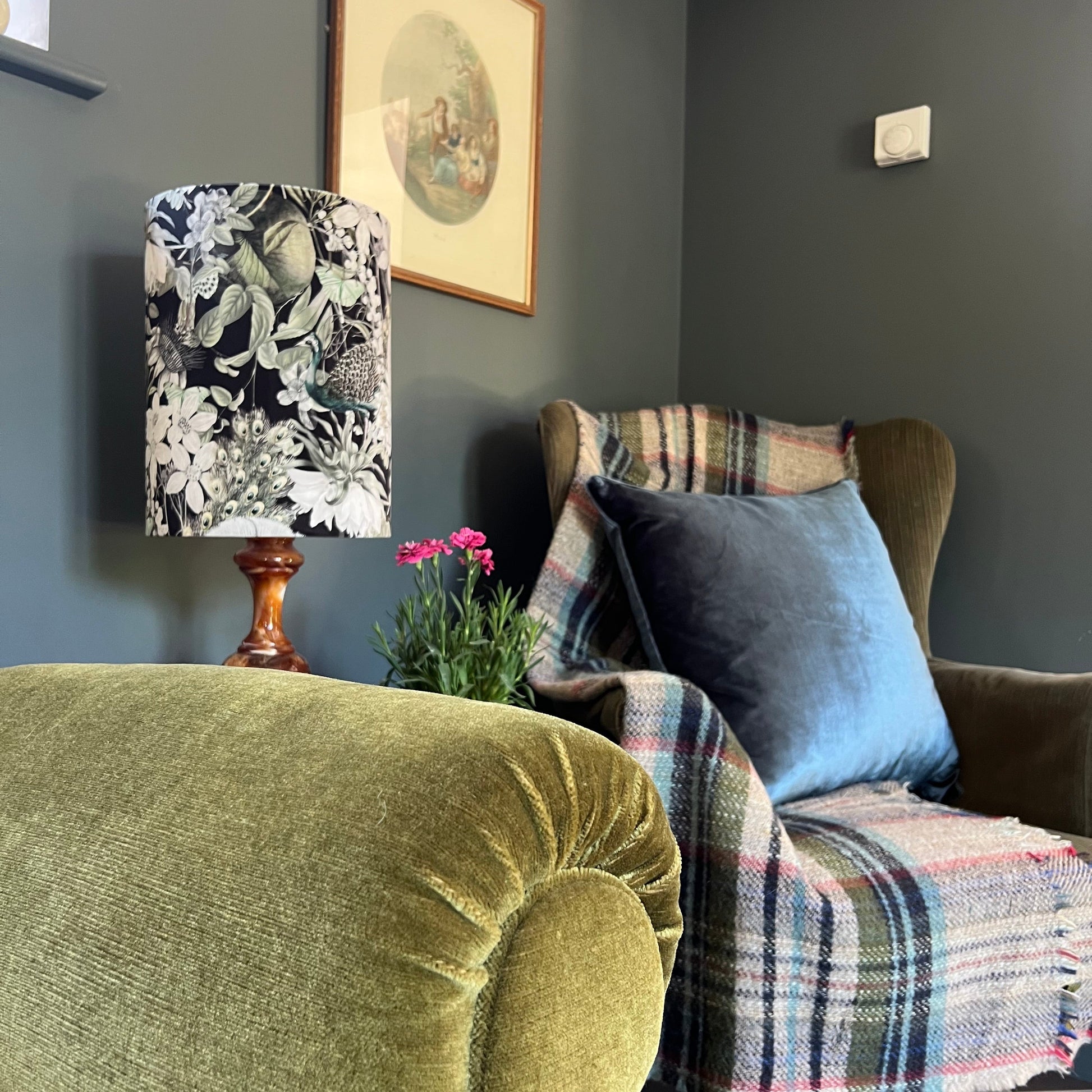 Peacock butterfly velvet in black, drum lampshade/ ceiling shade, with a white lining