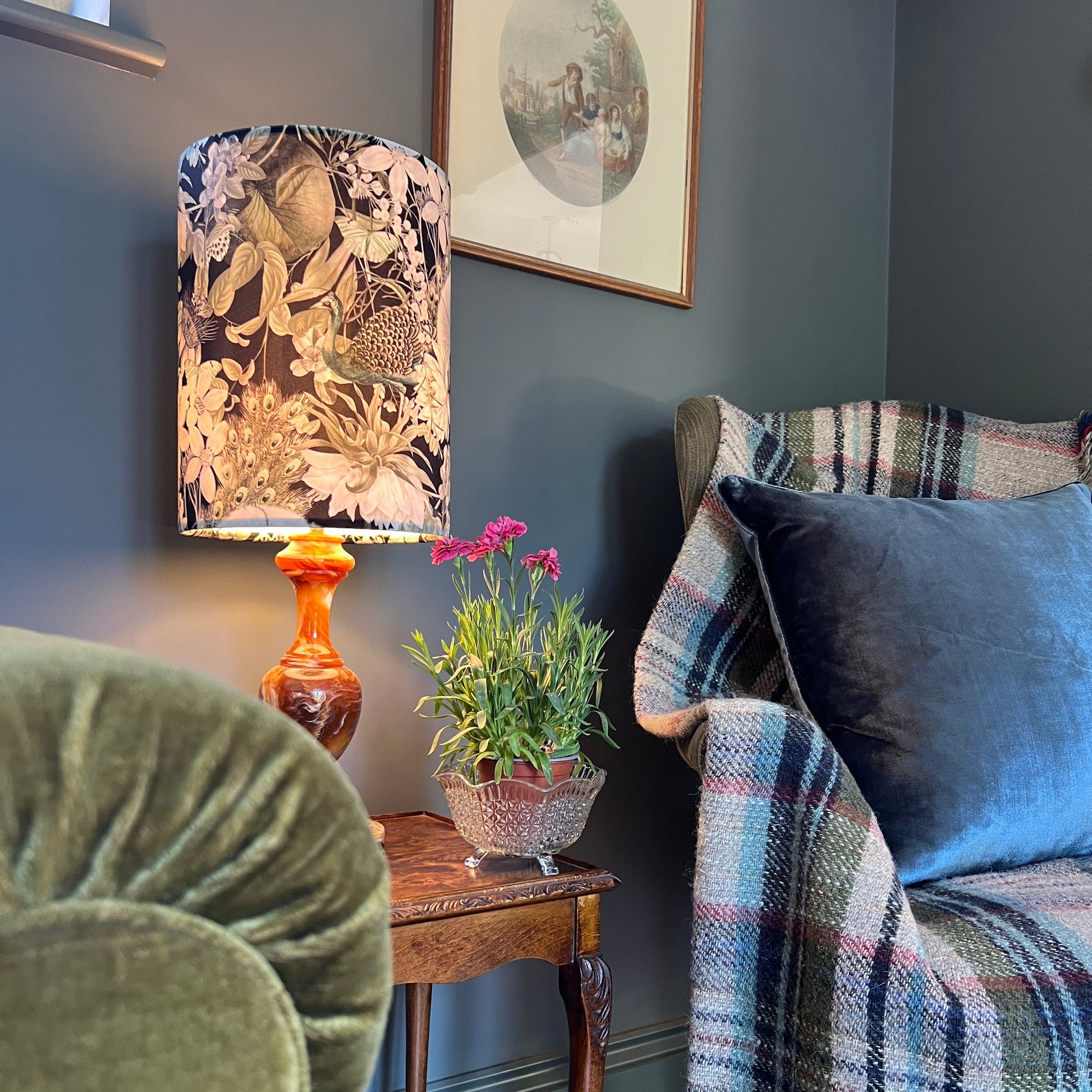 Peacock butterfly velvet in black, drum lampshade/ ceiling shade, with a white lining