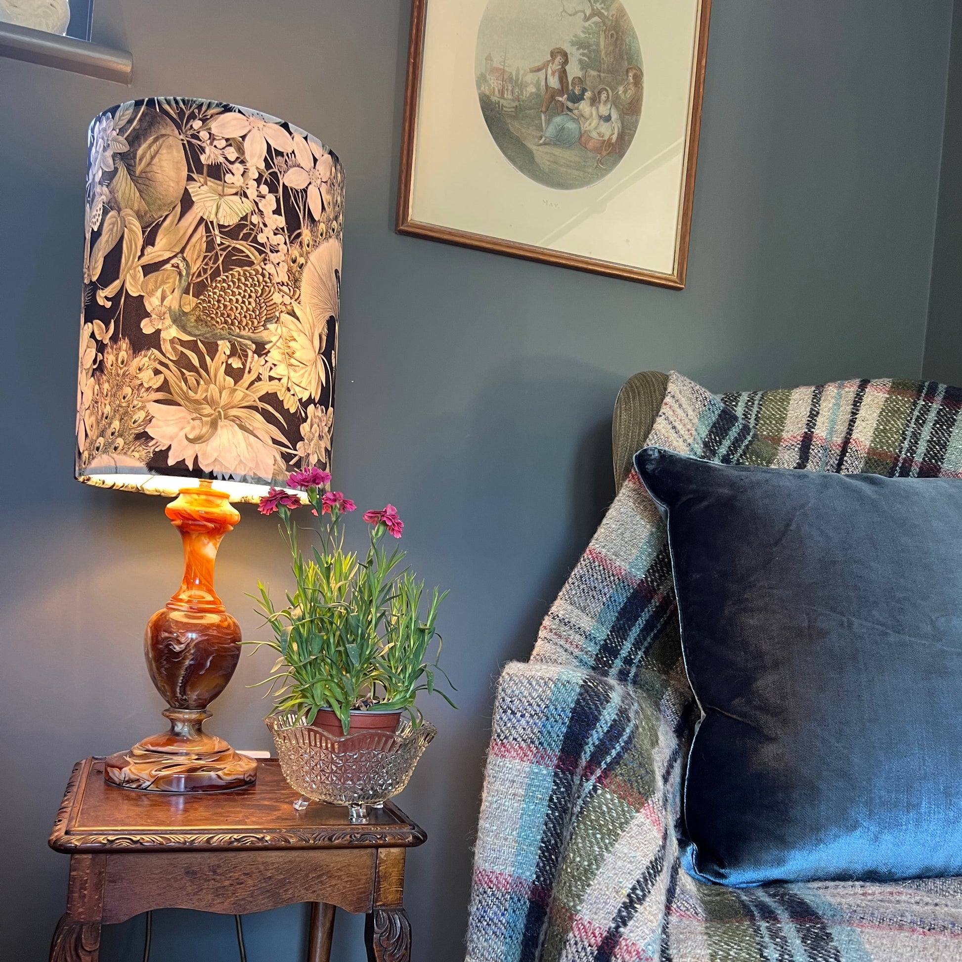 Peacock butterfly velvet in black, drum lampshade/ ceiling shade, with a white lining
