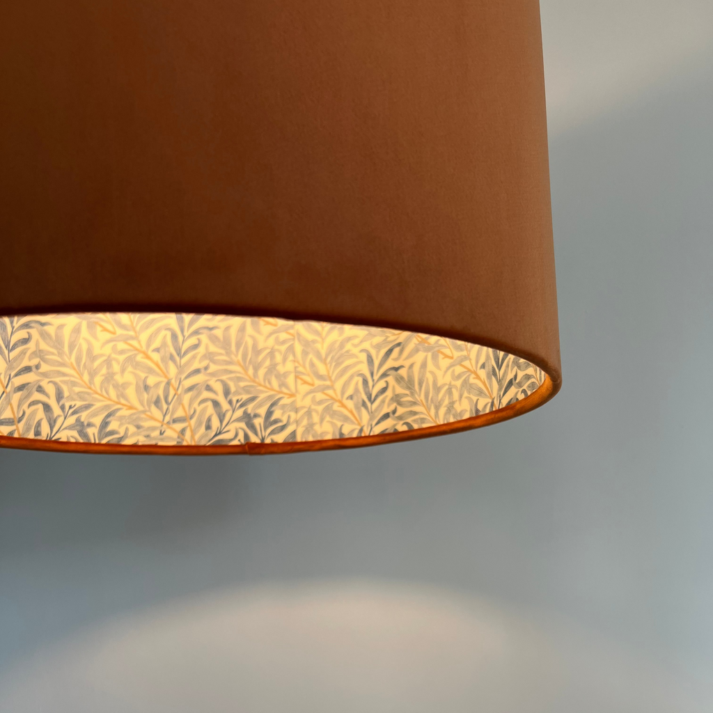 Burnt orange velvet drum lampshade, double sided lampshade, with William morris blue leaves cotton interior