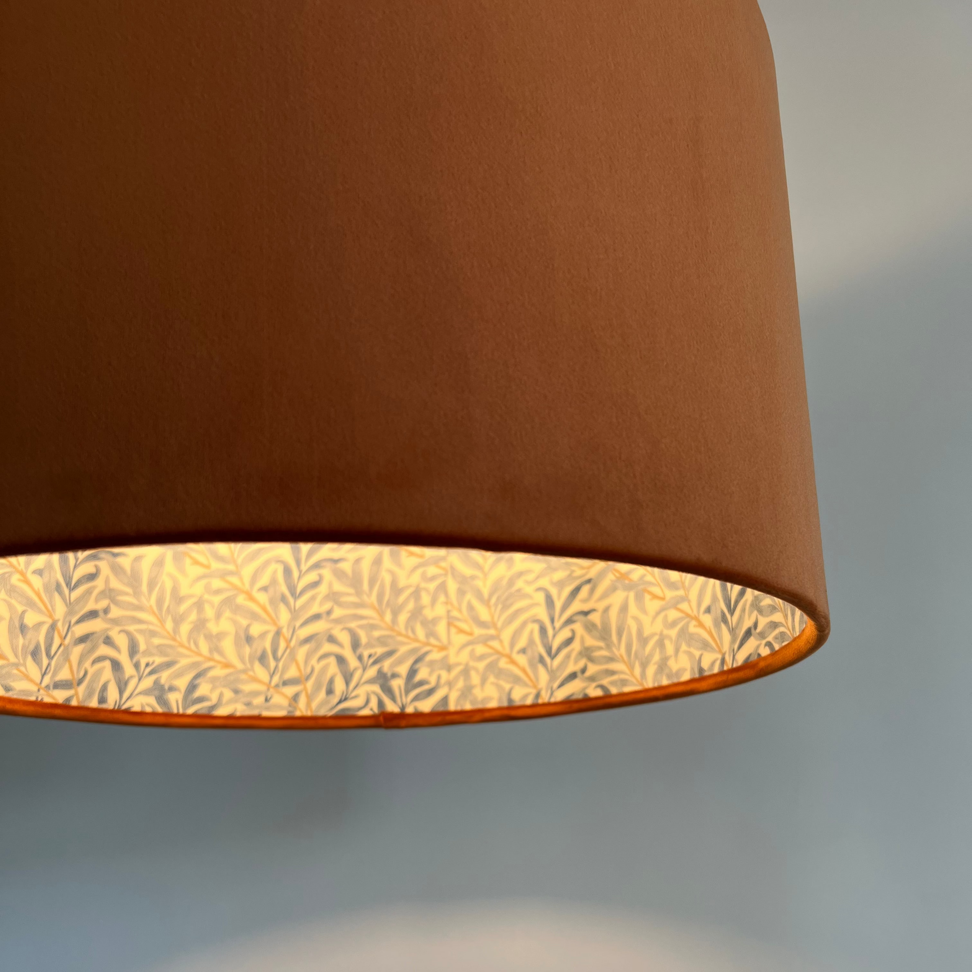 Burnt orange velvet drum lampshade, double sided lampshade, with William morris blue leaves cotton interior