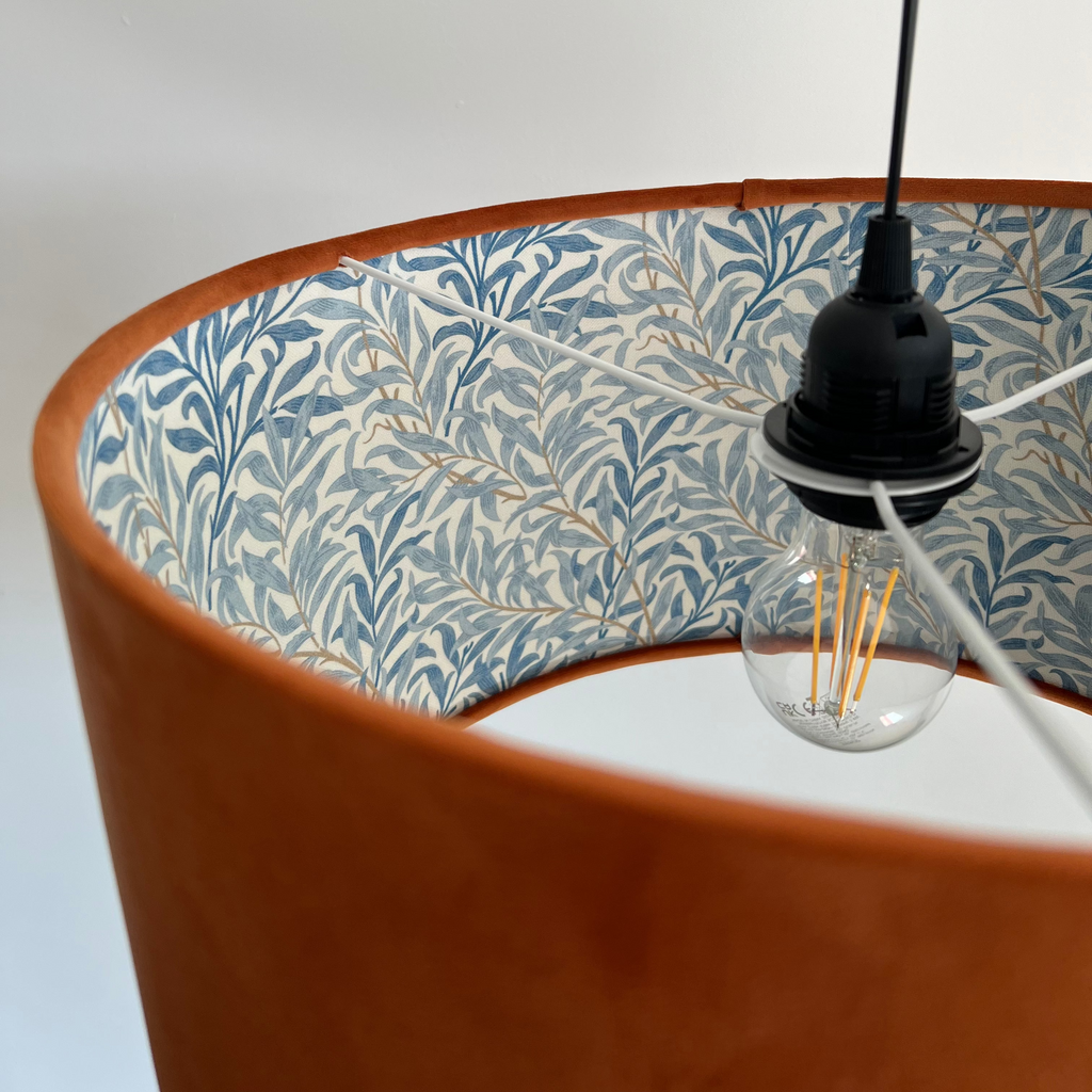 Burnt orange velvet drum lampshade, double sided lampshade, with William morris blue leaves cotton interior